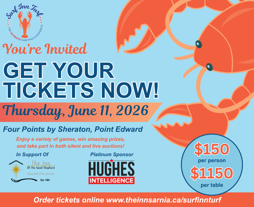 Promotional poster for Surf INN Turf 2026 featuring a large lobster illustration on a blue background. Event takes place Thursday, June 11, 2026 at Four Points by Sheraton in Point Edward. Tickets are $150 per person or $1,150 per table. Includes logos for The Inn of the Good Shepherd and platinum sponsor Hughes Intelligence.